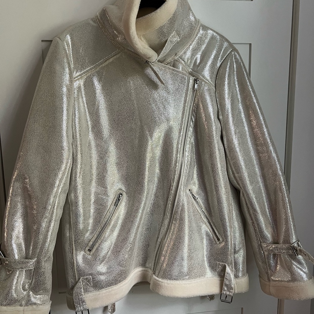 Hutch Anthropologie Silver Sherpa Moto Jacket M - Like new!